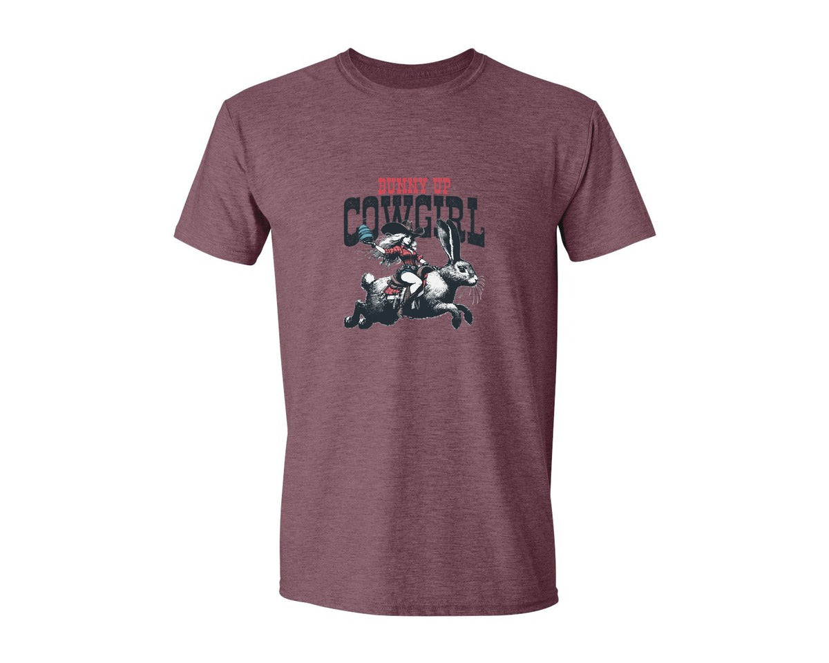 brand:Generic|color:Heather Maroon|Bunny Up Cowgirl Easter Egg Shirt Graphic T-Shirt