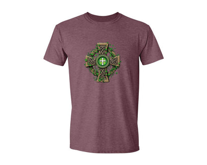brand:Generic|color:Heather Maroon|Celtic Cross With Shamrocks Irish Graphic T-Shirt