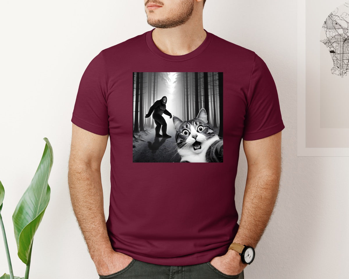 brand:Bella Canvas|color:Heather Maroon|Cat Selfie With Sasquatch Graphic T-Shirt
