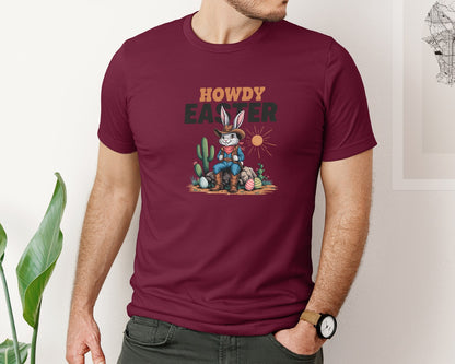brand:Bella Canvas|color:Heather Maroon|Howdy Easter Western Cowboy Bunny 2 Graphic T-Shirt