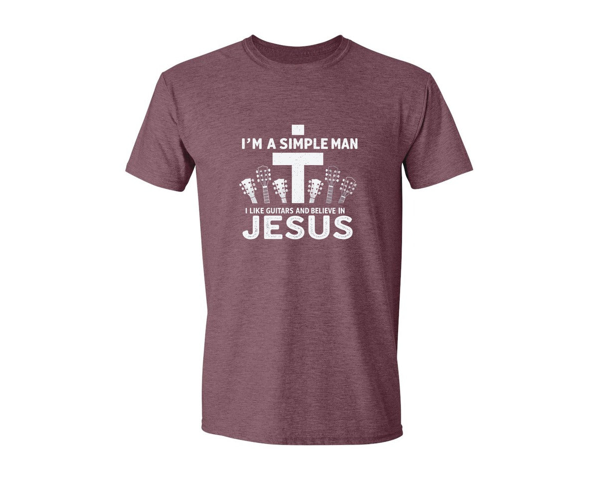 brand:Generic|color:Heather Maroon|Christian Guitar Im A Simple Man Graphic T-Shirt