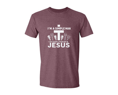brand:Generic|color:Heather Maroon|Christian Guitar Im A Simple Man Graphic T-Shirt