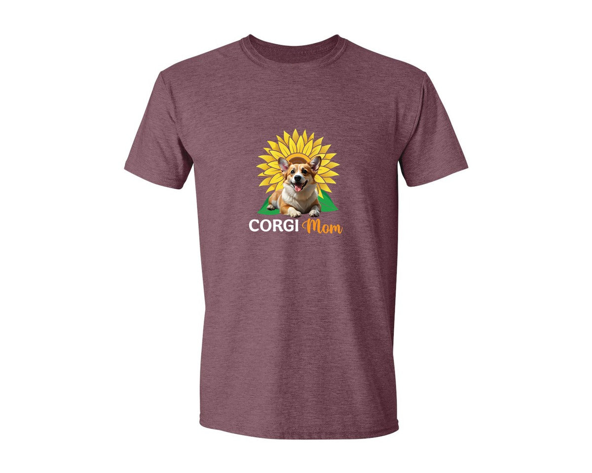brand:Generic|color:Heather Maroon|Corgi Mom Sunflower Graphic T-Shirt