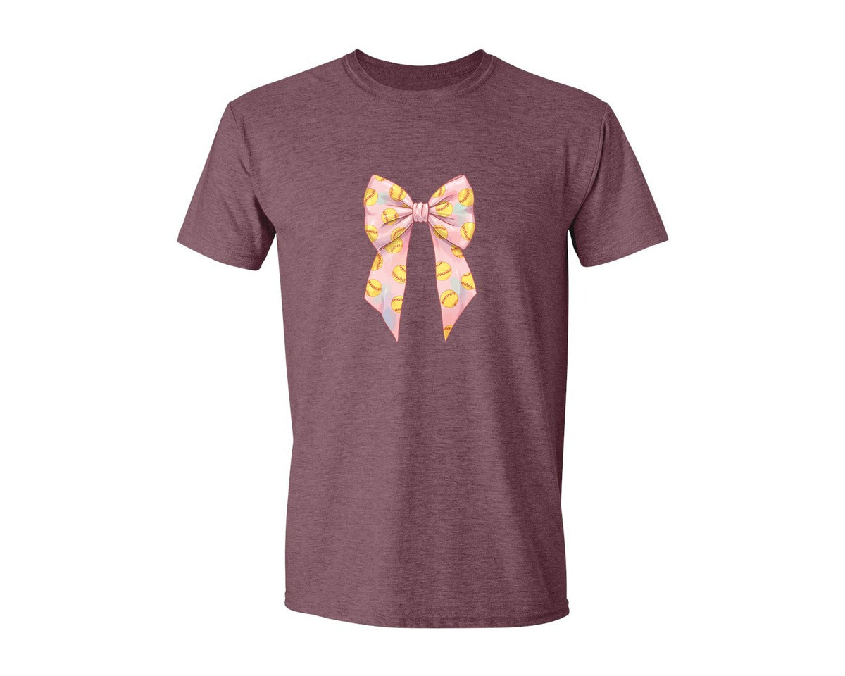 brand:Generic|color:Heather Maroon|Softball Bow Graphic T-Shirt