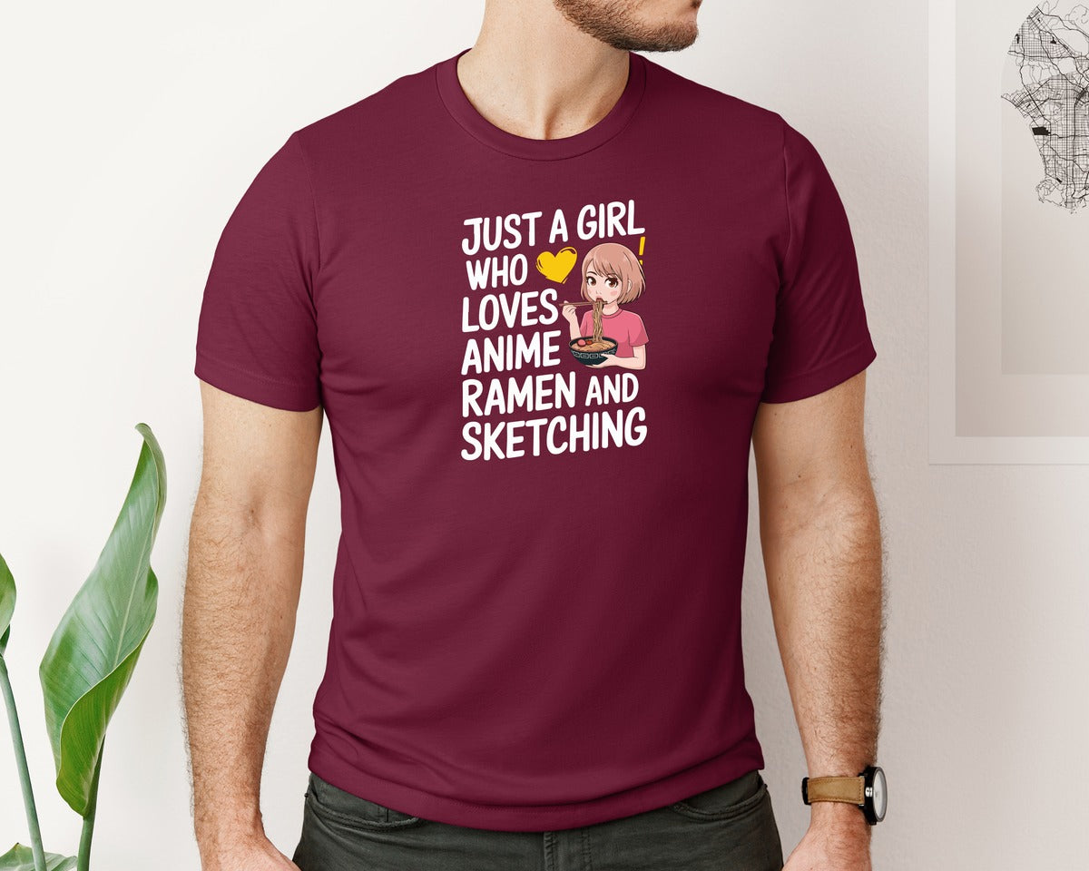 brand:Bella Canvas|color:Heather Maroon|Just A Girl Who Loves Anime Ramen And 2 Graphic T-Shirt