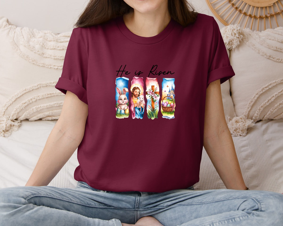 brand:Bella Canvas|color:Heather Maroon|He Is Risen Easter Jesus Christian Graphic T-Shirt