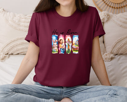 brand:Bella Canvas|color:Heather Maroon|He Is Risen Easter Jesus Christian Graphic T-Shirt