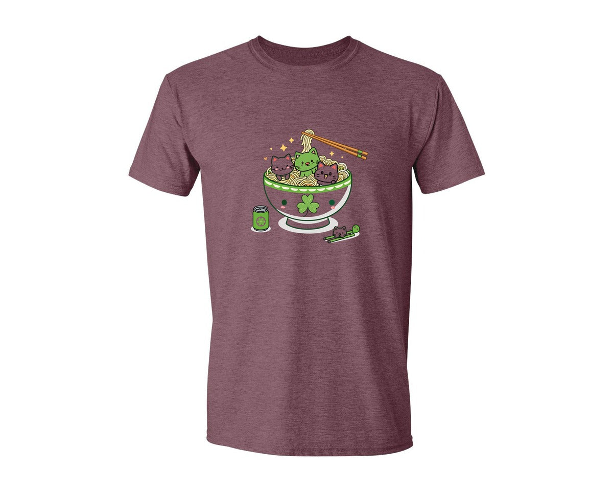 brand:Generic|color:Heather Maroon|Lucky Ramen Cat St Patricks Day Graphic T-Shirt