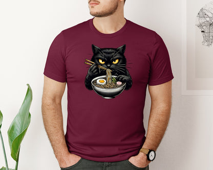 brand:Bella Canvas|color:Heather Maroon|Cute Black Cat Eating Ramen Noodle 3 Graphic T-Shirt