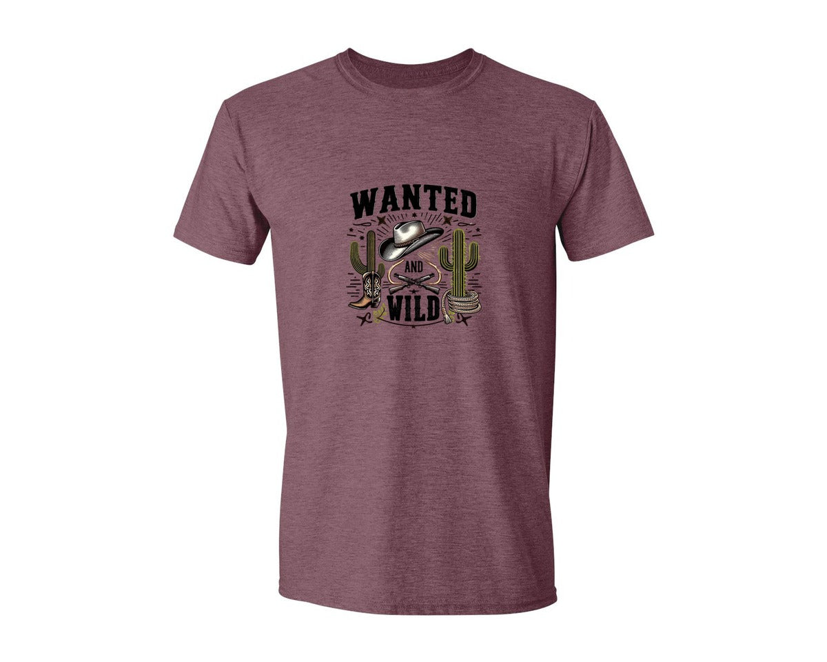 brand:Generic|color:Heather Maroon|Western Wanted And Wild T Shirt Graphic T-Shirt