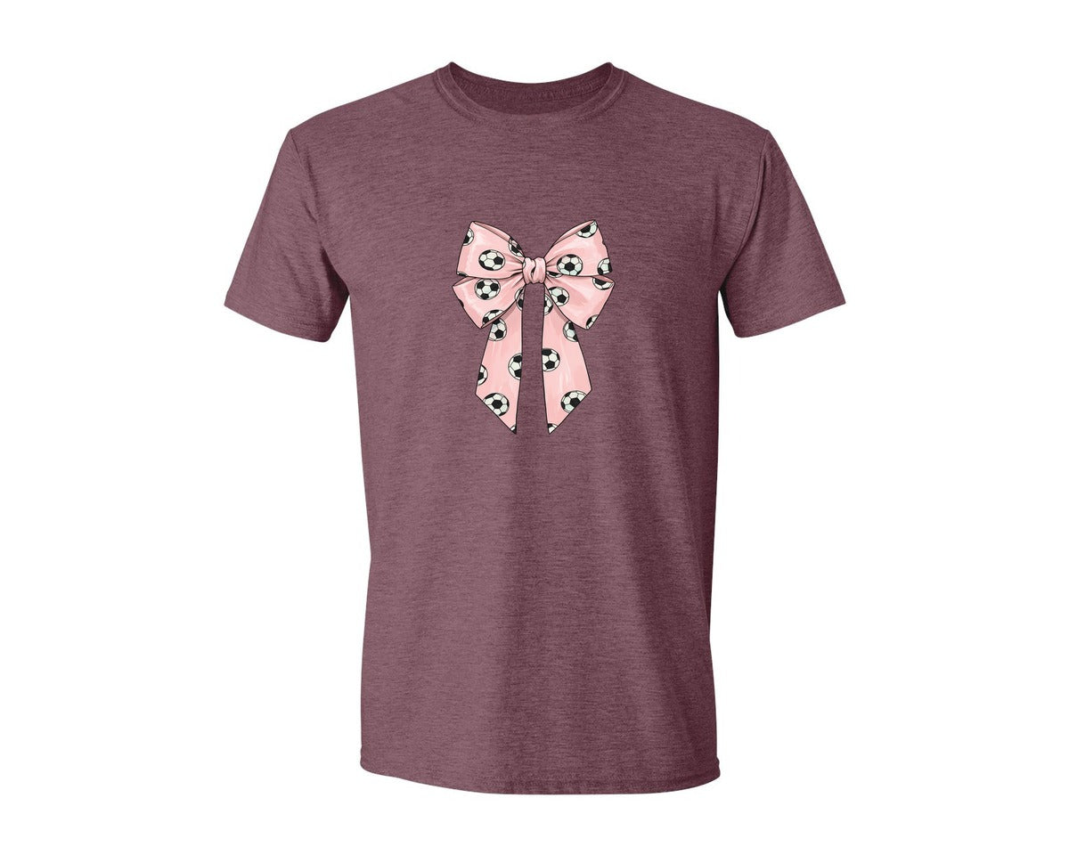 brand:Generic|color:Heather Maroon|Soccer Pattern Coquette Bow Graphic T-Shirt