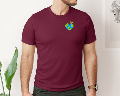 brand:Bella Canvas|color:Heather Maroon|Love Heart Earth Globe Pocket Design Graphic T-Shirt