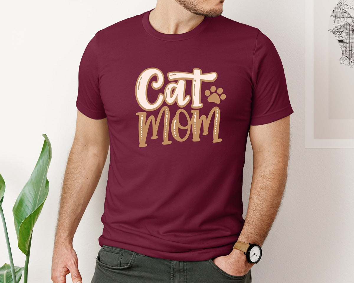 brand:Bella Canvas|color:Heather Maroon|Cat Mom Cute Crazy Cat Lady Quote Graphic T-Shirt