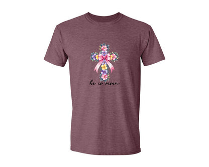 brand:Generic|color:Heather Maroon|Watercolor Cross Easter Bible Verse Graphic T-Shirt