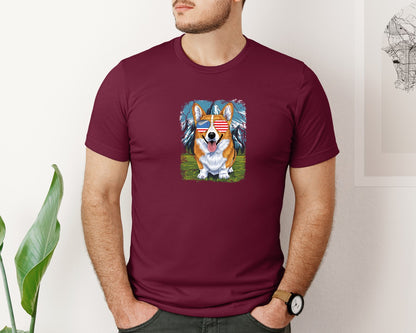 brand:Bella Canvas|color:Heather Maroon|Corgi American Flag 4Th Of July Graphic T-Shirt