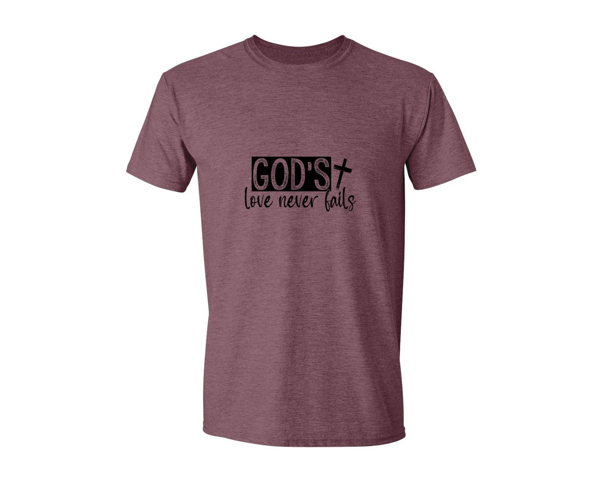 brand:Generic|color:Heather Maroon|Gods Love Never Fails Sleeve Design 2 Graphic T-Shirt