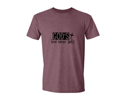 brand:Generic|color:Heather Maroon|Gods Love Never Fails Sleeve Design 2 Graphic T-Shirt