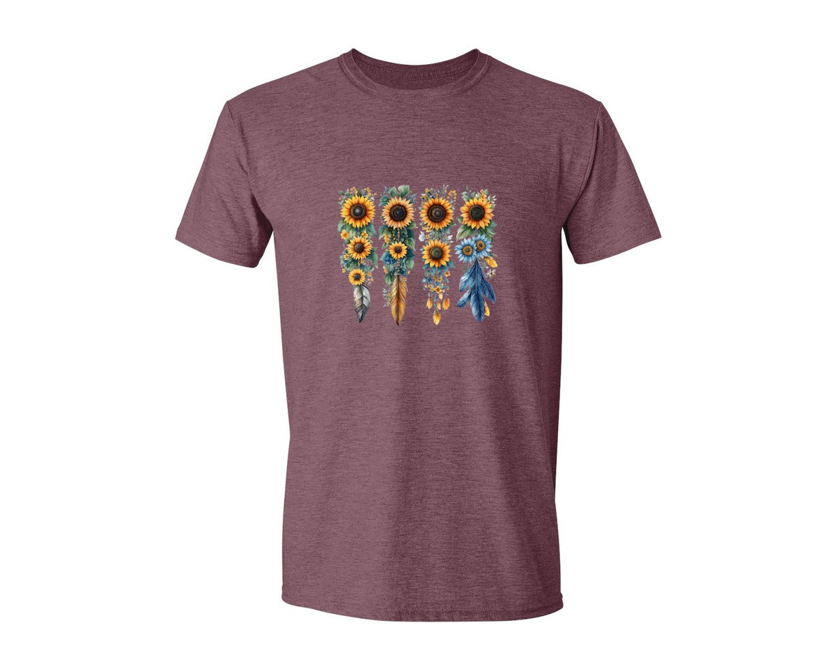 brand:Generic|color:Heather Maroon|Boho Wildflowers Feathers Flowers Graphic T-Shirt