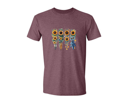 brand:Generic|color:Heather Maroon|Boho Wildflowers Feathers Flowers Graphic T-Shirt