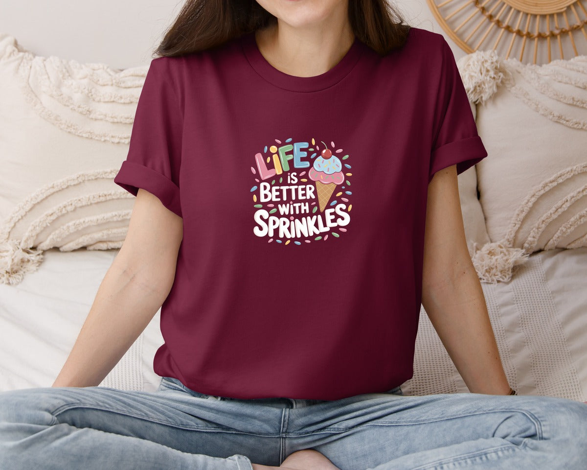 brand:Bella Canvas|color:Heather Maroon|Life Is Better Sprinkles T Shirt Design Graphic T-Shirt