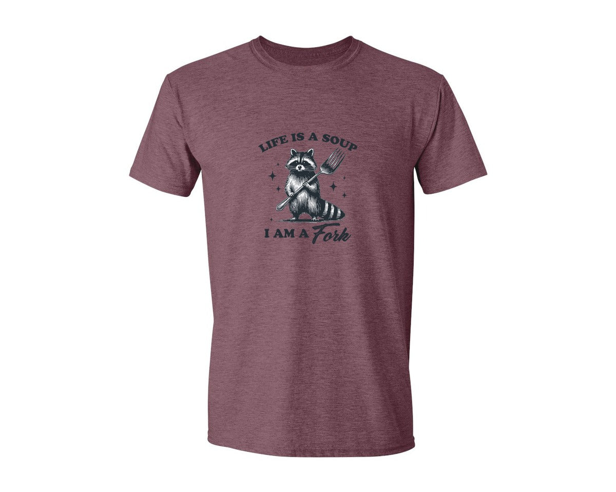 brand:Generic|color:Heather Maroon|Life Is A Soup I Am A Fork Raccoon Shirt Graphic T-Shirt
