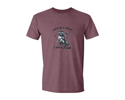 brand:Generic|color:Heather Maroon|Life Is A Soup I Am A Fork Raccoon Shirt Graphic T-Shirt