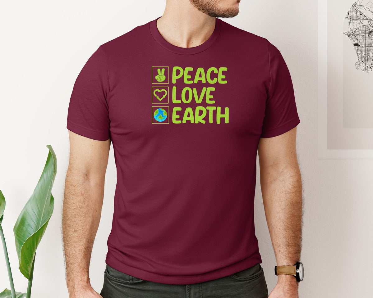 brand:Bella Canvas|color:Heather Maroon|Peace Love Earth T Shirt Graphic T-Shirt