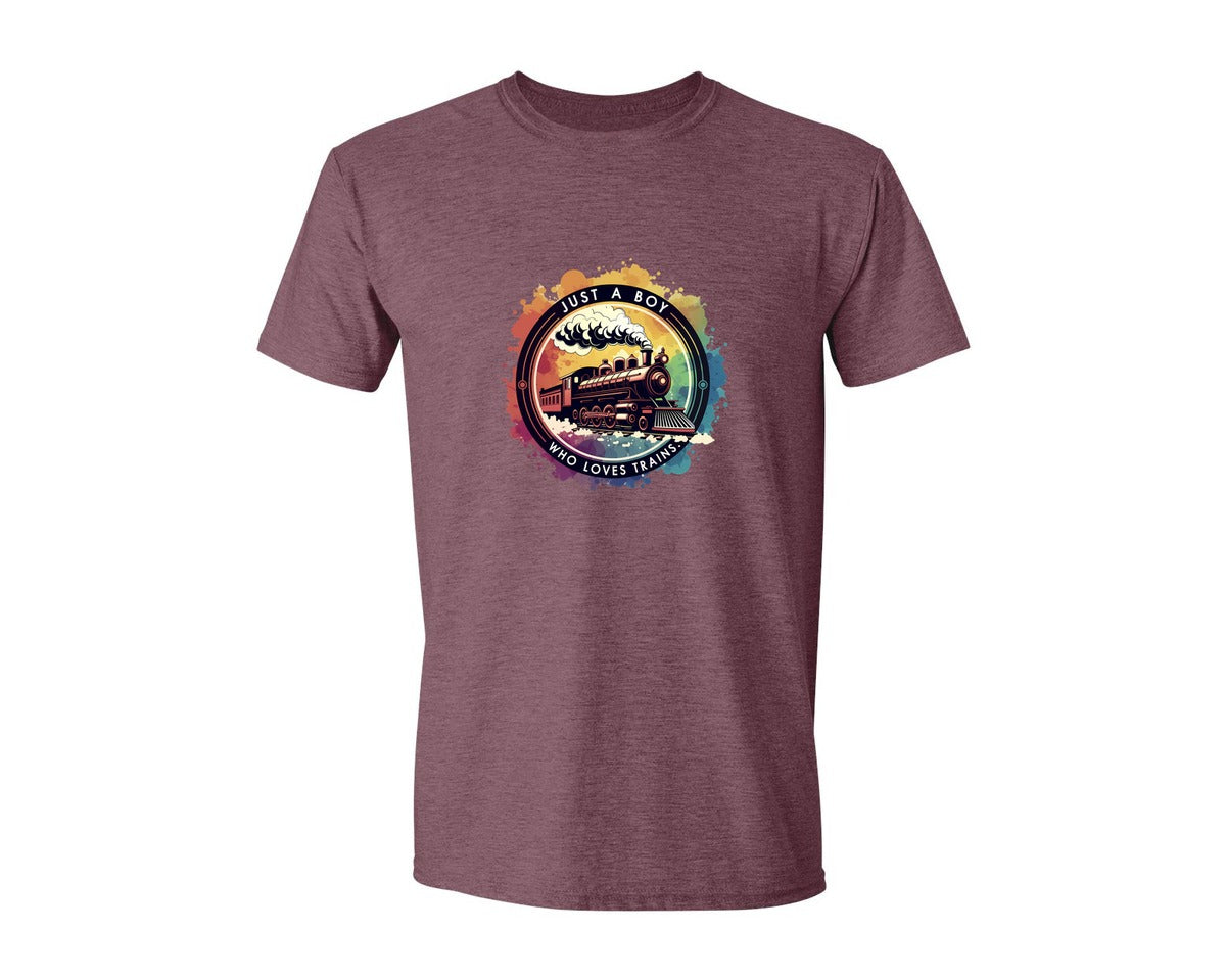 brand:Generic|color:Heather Maroon|Just A Boy Who Loves Trains Graphic T-Shirt