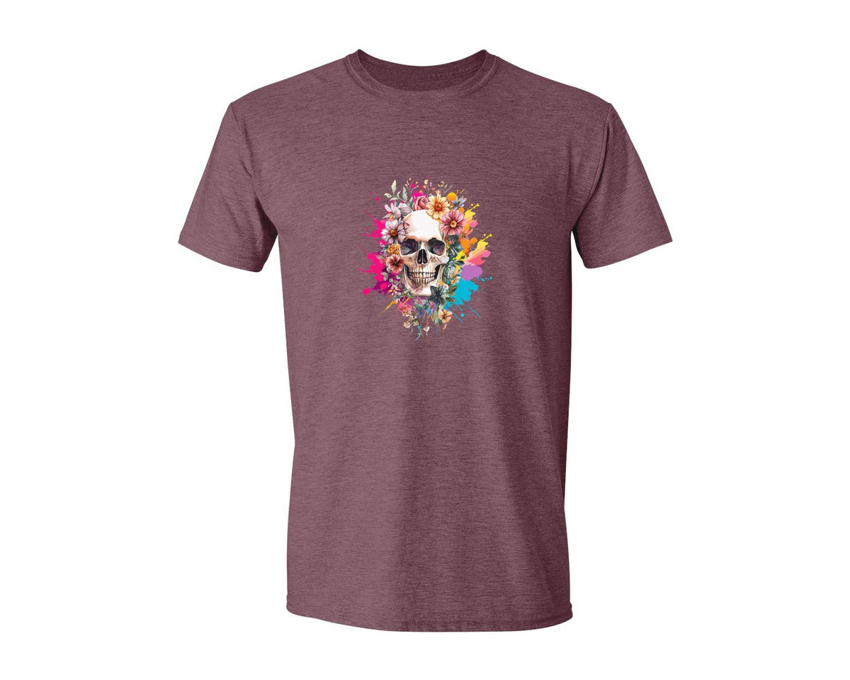 brand:Generic|color:Heather Maroon|Floral Skull Watercolor Skull Shirt Graphic T-Shirt