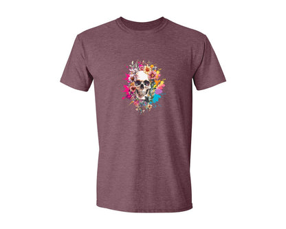 brand:Generic|color:Heather Maroon|Floral Skull Watercolor Skull Shirt Graphic T-Shirt