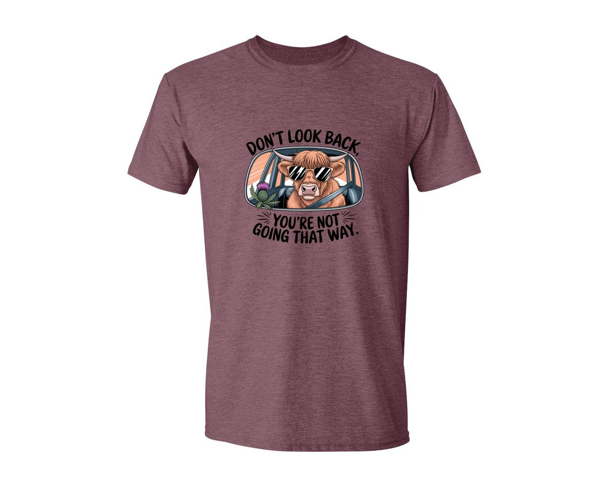 brand:Generic|color:Heather Maroon|Dont Look Back Highland Cow Graphic T-Shirt