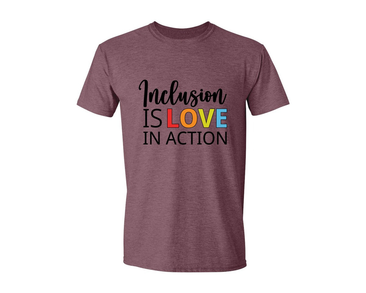 brand:Generic|color:Heather Maroon|Inclusion Is Love In Action T Shirt Graphic T-Shirt