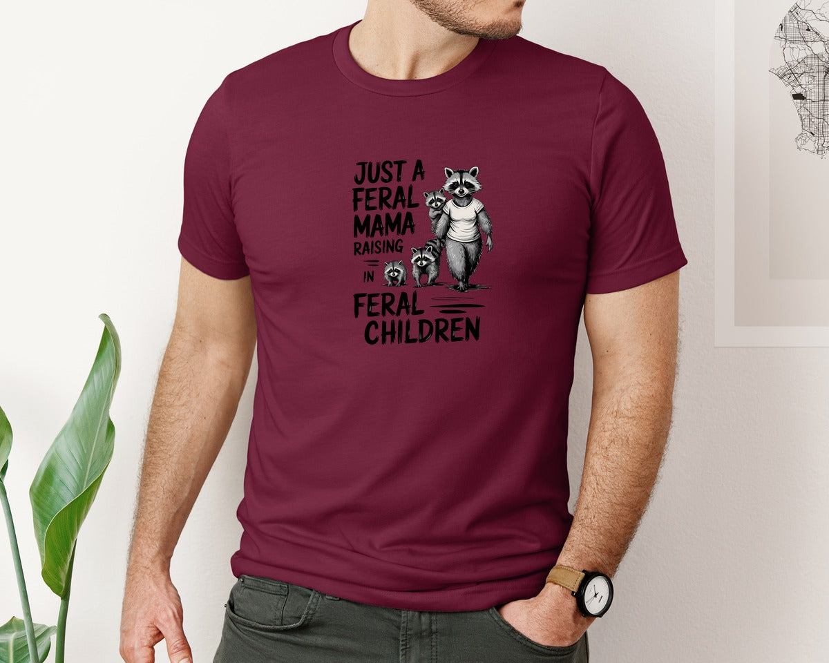 brand:Bella Canvas|color:Heather Maroon|Funny Mothers Day Raccoon Mama Tired Graphic T-Shirt
