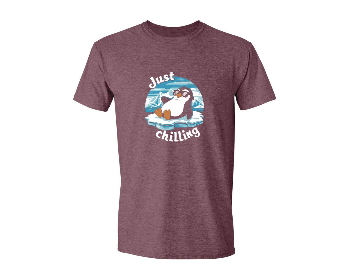 brand:Generic|color:Heather Maroon|Just Chilling Penguin Pun Relaxed Vibes Graphic T-Shirt