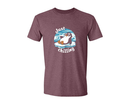 brand:Generic|color:Heather Maroon|Just Chilling Penguin Pun Relaxed Vibes Graphic T-Shirt