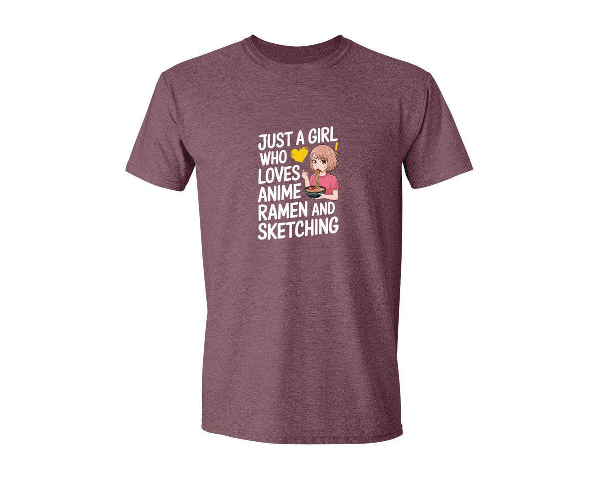 brand:Generic|color:Heather Maroon|Just A Girl Who Loves Anime Ramen And 2 Graphic T-Shirt