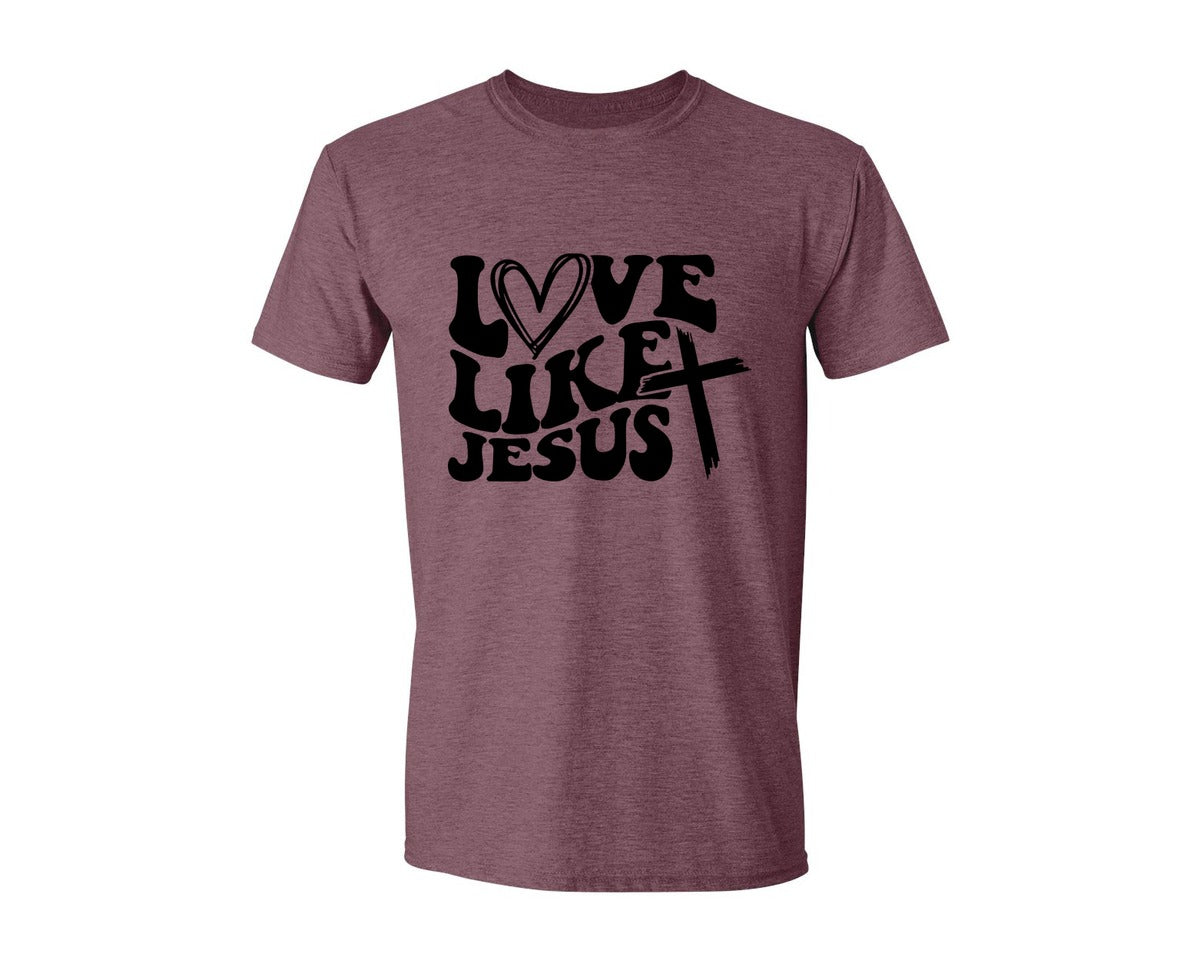brand:Generic|color:Heather Maroon|Love Like Jesus Wavy 2 Graphic T-Shirt