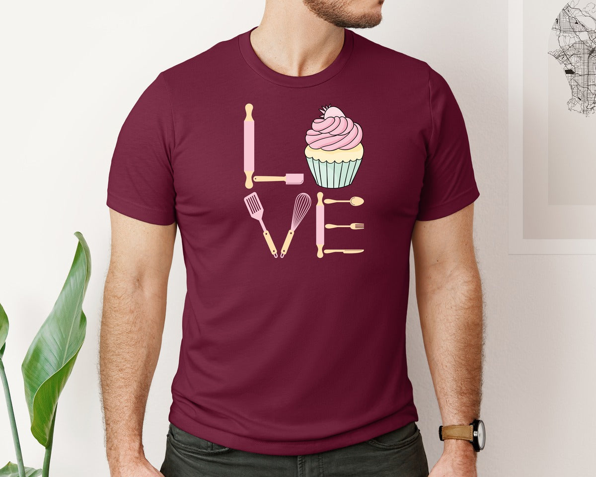 brand:Bella Canvas|color:Heather Maroon|Baking Love Cupcake Whisk Spatula Graphic T-Shirt