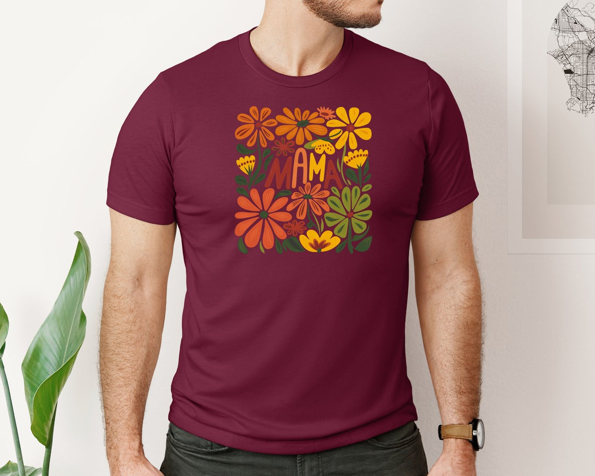 brand:Bella Canvas|color:Heather Maroon|Retro Floral Mama Boho Mothers Day 3 Graphic T-Shirt