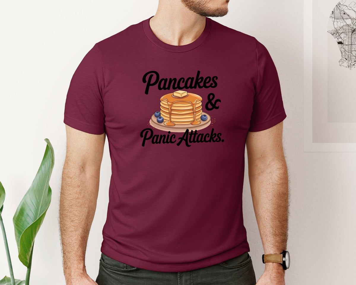 brand:Bella Canvas|color:Heather Maroon|Pancakes Panic Attacks Graphic T-Shirt