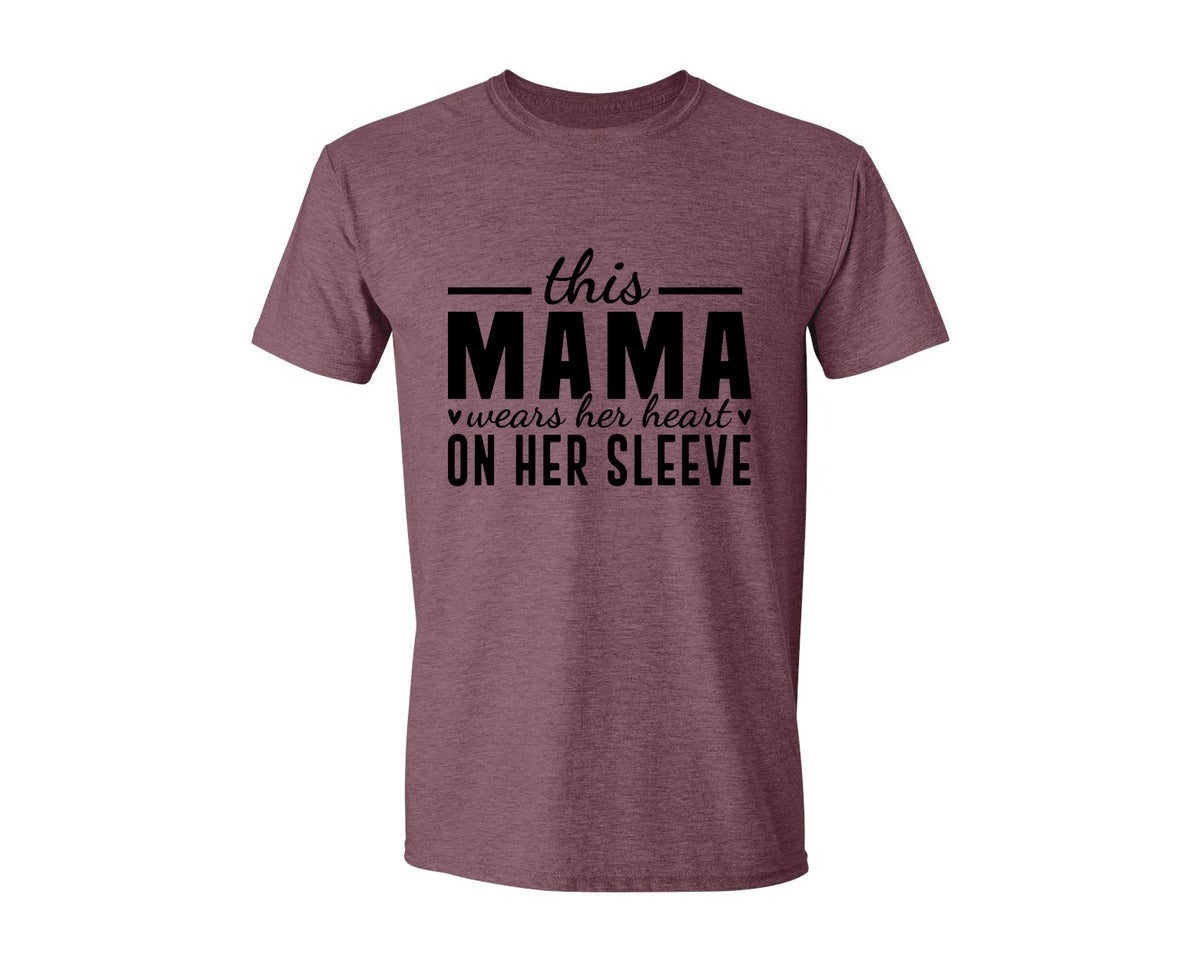 brand:Generic|color:Heather Maroon|This Mama Wears Her Heart On Her Sleeve 77 Graphic T-Shirt