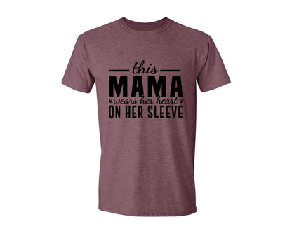 brand:Generic|color:Heather Maroon|This Mama Wears Her Heart On Her Sleeve 77 Graphic T-Shirt