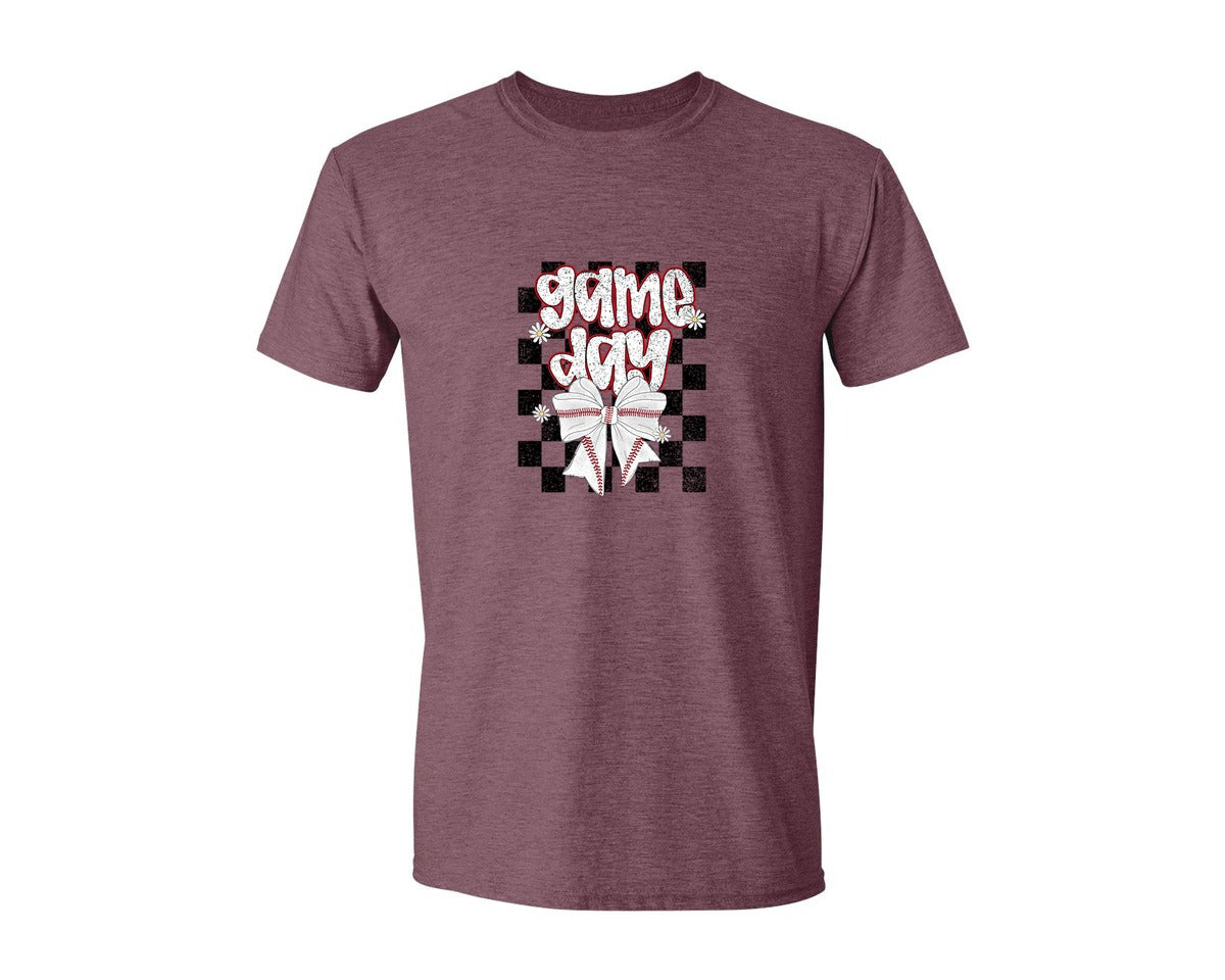 brand:Generic|color:Heather Maroon|Checkered Baseball Game Day Graphic T-Shirt
