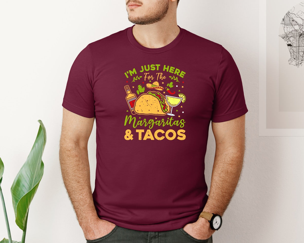 brand:Bella Canvas|color:Heather Maroon|Just Here For The Margaritas And Tacos Graphic T-Shirt