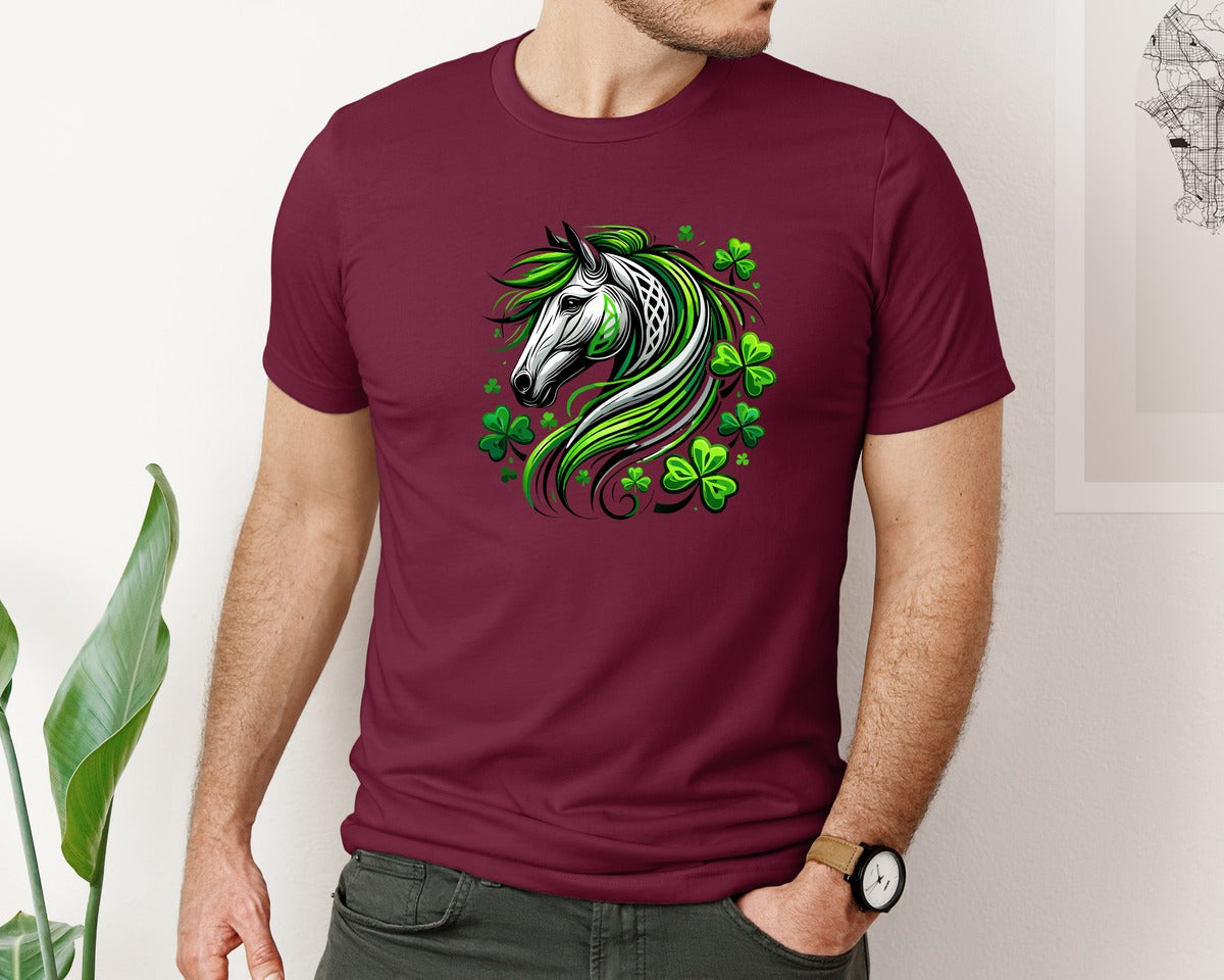 brand:Bella Canvas|color:Heather Maroon|St Patricks Day Horse Lucky Graphic T-Shirt