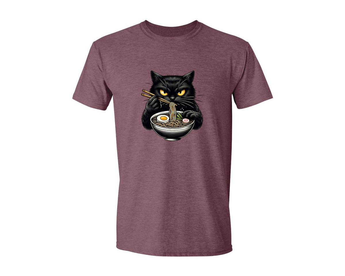 brand:Generic|color:Heather Maroon|Cute Black Cat Eating Ramen Noodle 3 Graphic T-Shirt
