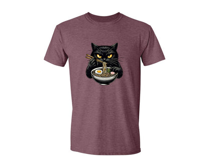 brand:Generic|color:Heather Maroon|Cute Black Cat Eating Ramen Noodle 3 Graphic T-Shirt
