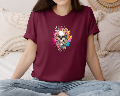 brand:Bella Canvas|color:Heather Maroon|Floral Skull Watercolor Skull Shirt Graphic T-Shirt
