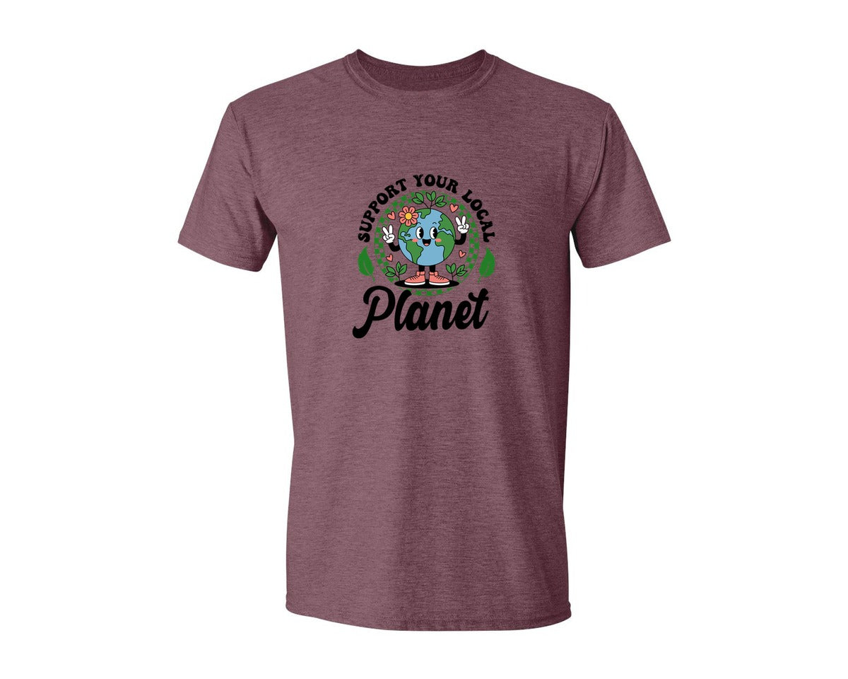 brand:Generic|color:Heather Maroon|Earth Day Support Your Local Planet 2 Graphic T-Shirt