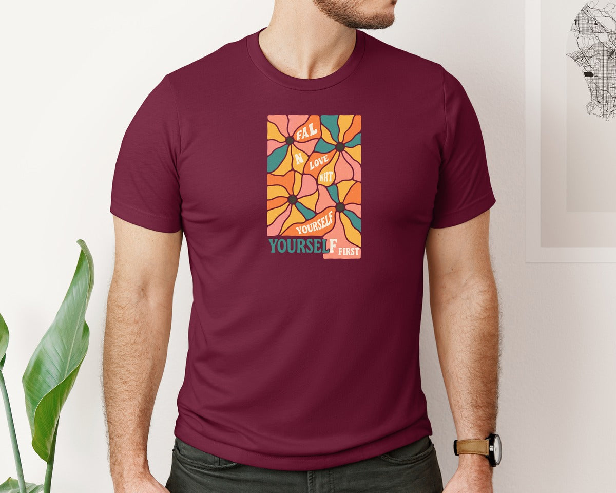 brand:Bella Canvas|color:Heather Maroon|Boho Retro Flower T Shirt Design Graphic T-Shirt